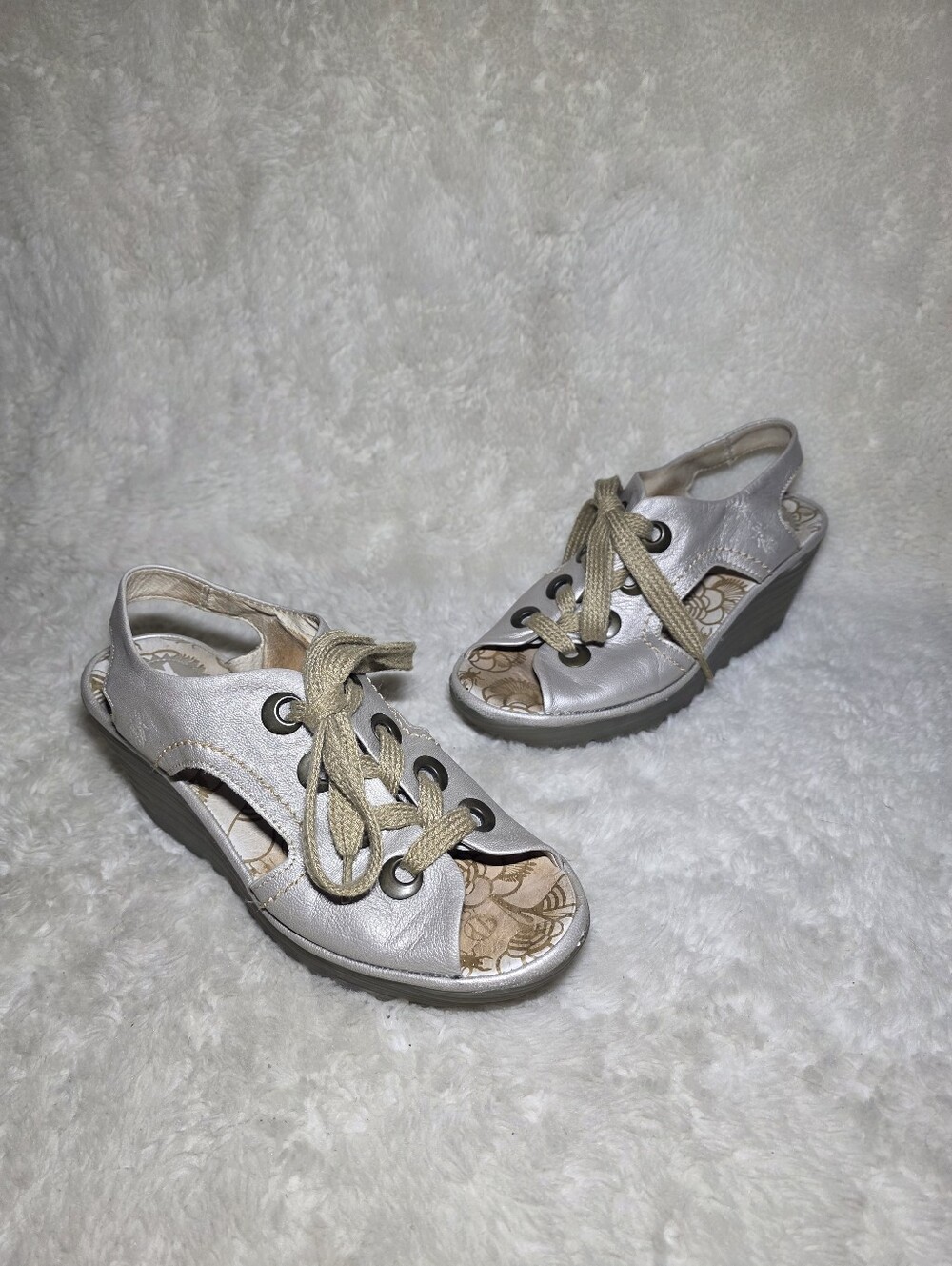 Fly London Metallic Silver Leather Lace Up Wedge Sandals Peep Toe Platform 39